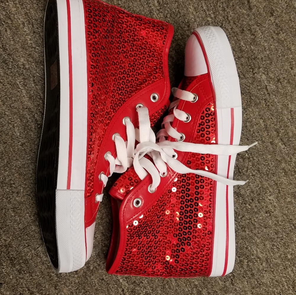 Balera Red Sequined Canvas Lace Up High Tops